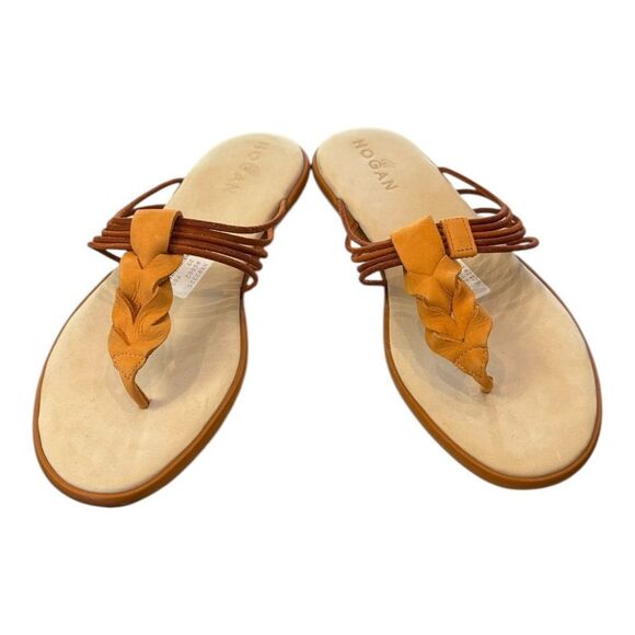 HOGAN Women's Ibiza Flip Flop Plait and Tubes Orange Leather Slide Sandals 39 - Picture 3 of 8